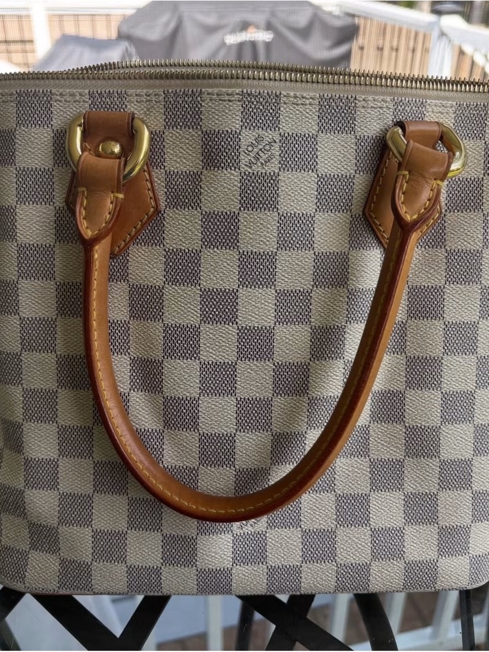 Louis Vuitton Damier Azur Canvas Tote with Brown Leather Handles